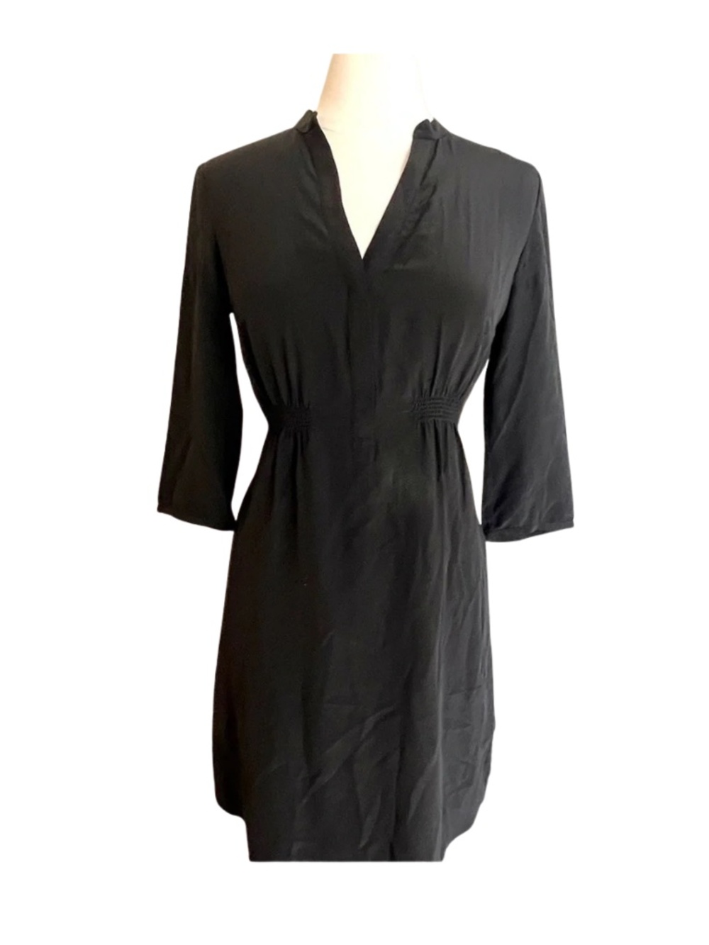 Massimo Dutti Black Silk 3/4 Sleeve V-Neck Dress Elegant LBD